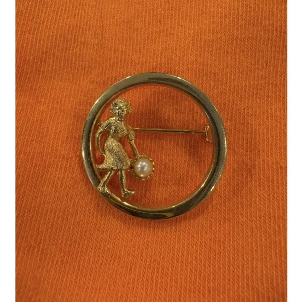Vintage Bowling Brooch Goldtone Lady Bowler Faux Pearl Geometric Circle MCM